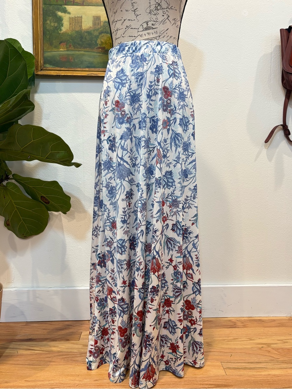 Smash Barcelona Blue Floral Maxi Skirt Silky Boho Cottagecore